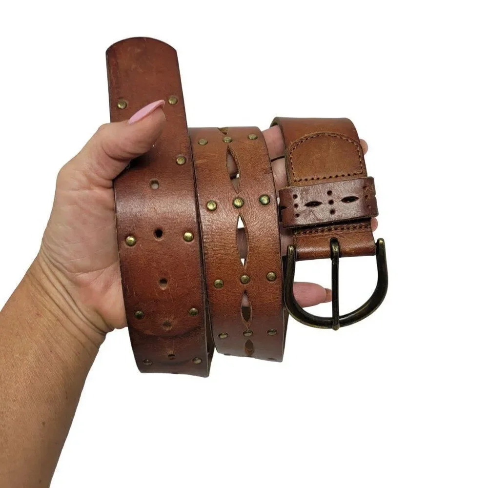 AEO Genuine Leather Brown‎ Belt M Perforated Studded Boho Country Cowgirl